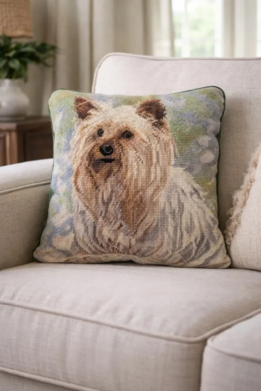 Vintage Needlepoint Yorkshire Terrier Dog Pillow Decorative Canine Portrait